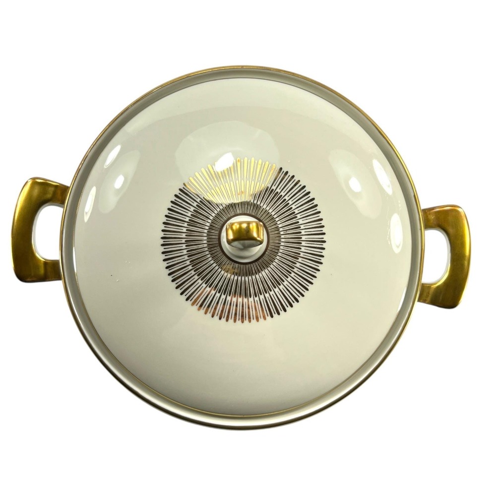Retro Covered Vegetable Serving Bowl Casserole Cream Porcelain Gold Trim Bavaria